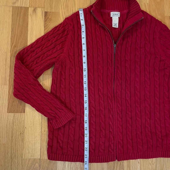 LL Bean Sweater Red Cable Knit Cotton Jacket Full Zip Cardigan Large - Picture 8 of 10